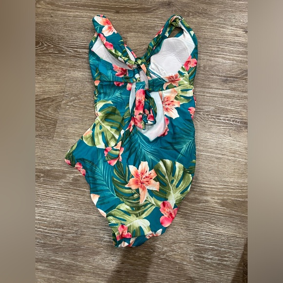 Kona Sol Tropical Floral One Piece Bathing Suit Swimsuit Medium V Neck Tie Back - Picture 3 of 5
